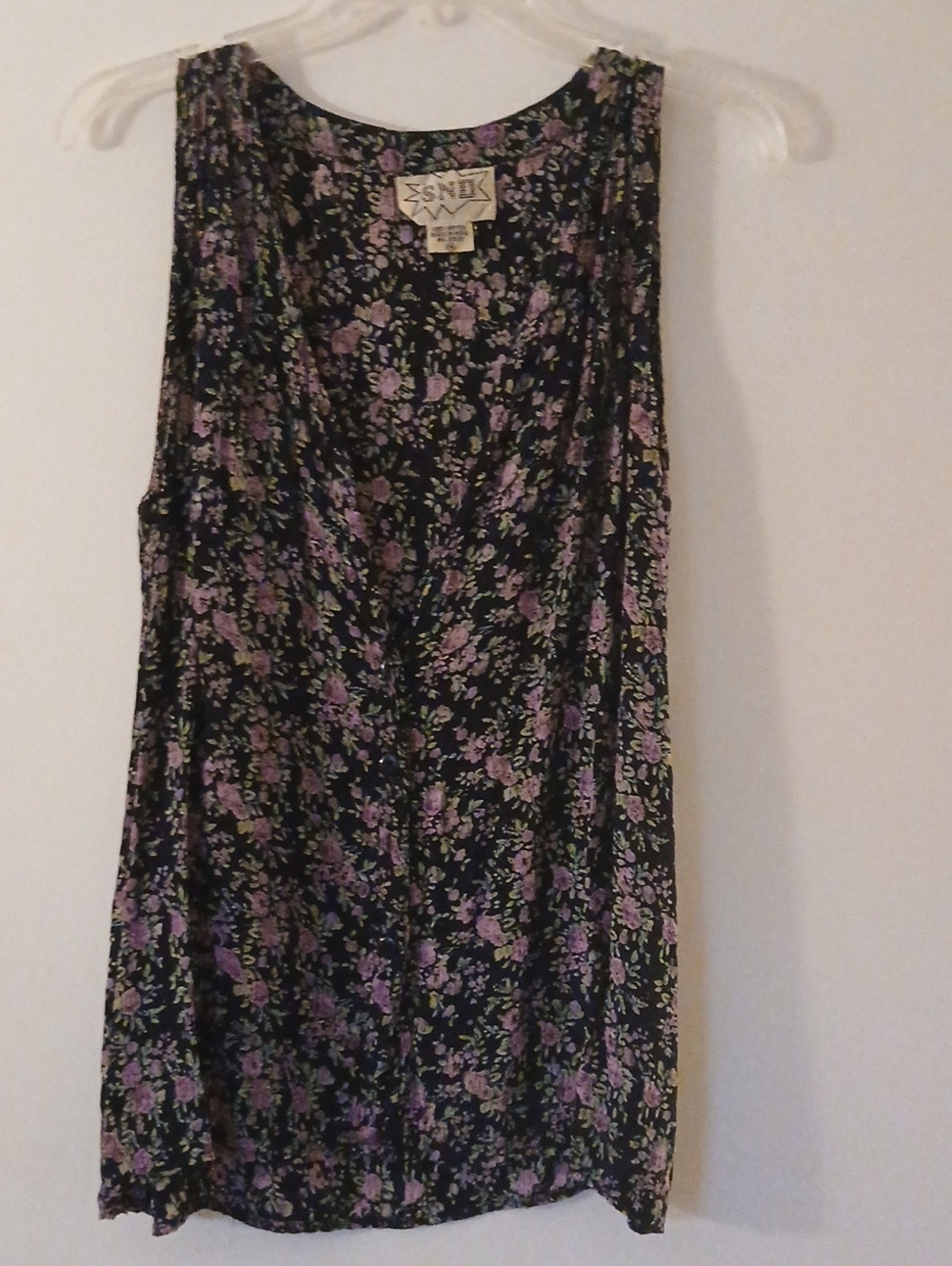 Vintage 80's SND Sleeveless Black & Purple Floral Button-Front Blouse -